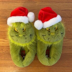 Green Grinch Slippers with Santa Hats